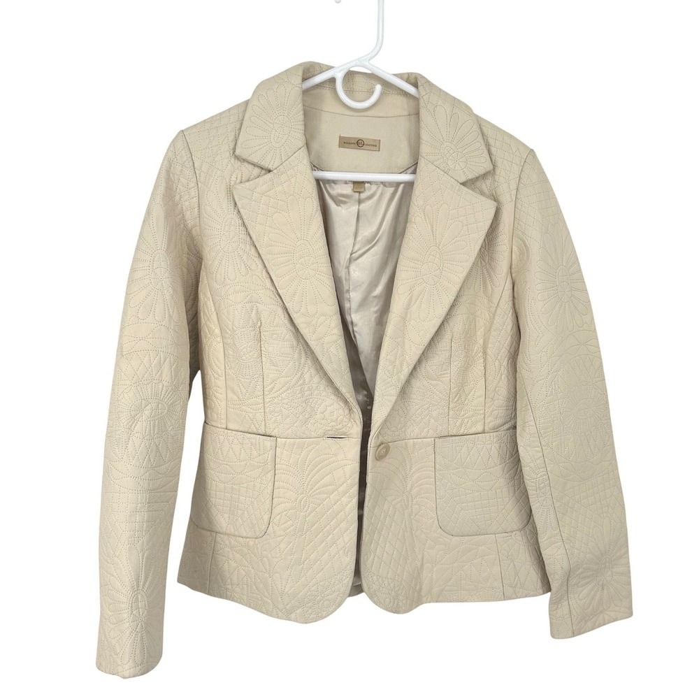 Wilsons Leather Cream Embossed Floral Genuine Leather Blazer Jacket Womens Small